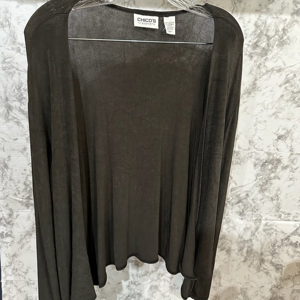 Chicos Size 2 Open Drape Cardigan Sweater Topper Travel knit Black Stretch